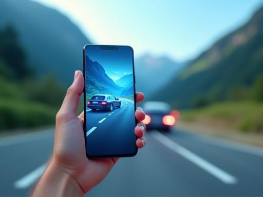 Concept image showing a smartphone processing a digital vignette for a car passing on a Swiss road