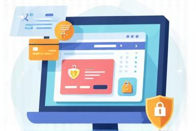 Illustration of a secure online payment process with credit card and shield icons