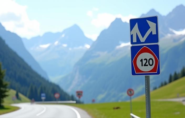 Swiss road signs indicating directions and speed limits in a scenic alpine setting
